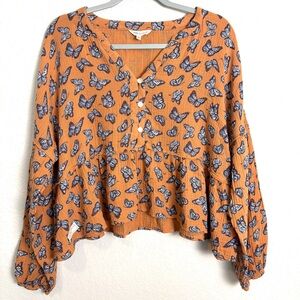 Simply Southern Blue Butterfly Orange Long Sleeve Cotton Blouse Women’s XL Boho